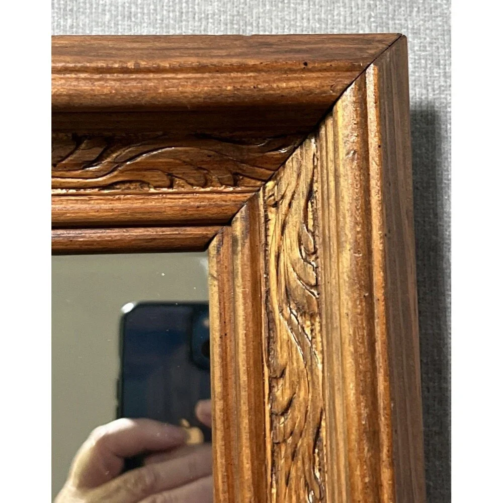 Vintage Rustic Carved Wood Square Accent Mirror Ornate 8.5 x 8.5